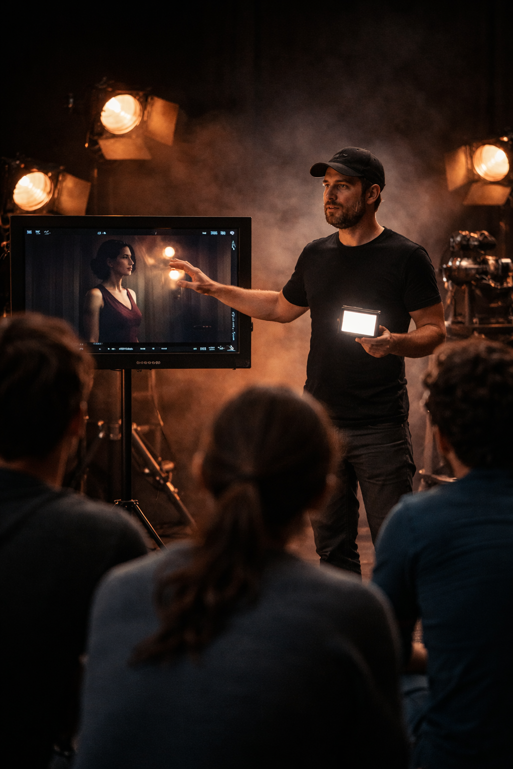 Instructor enseñando cinematografía con luz cálida